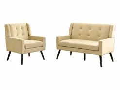Hauss Spole Conjunto Sofá Y Sillón * Sofá de dos plazas y sillones en tejido de lino - Conjunto de 2 con patas de madera Beige