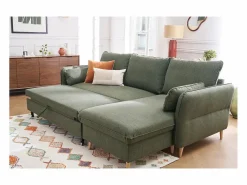 Miliboo Sofá - 4 Plazas|Sofá De Tela | Sofá de esquina convertible reversible con baúl 3-4 plazas en tela verde y madera clara DRISS