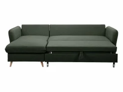 Miliboo Sofá - 4 Plazas|Sofá De Tela | Sofá de esquina convertible reversible con baúl 3-4 plazas en tela verde y madera clara DRISS