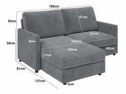 Sofá de esquina de 2 salas - ángulo reversible derecho / izquierda - 180x140x86cm - en tela de terciopelo acanalado - carga máxima de 300 kg - < DripeX New
