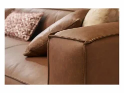 Sofá de esquina izquierda vintage de 3-4 plazas en cuero marrón y madera negra COBAIN < Miliboo Discount