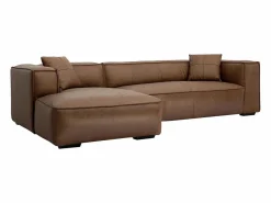 Sofá de esquina izquierda vintage de 3-4 plazas en cuero marrón y madera negra COBAIN < Miliboo Discount