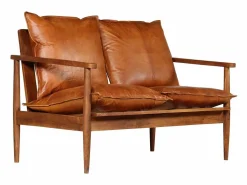 Clicnbuy Sofá Vintage|Sofá De Piel * Sofá de 2 plazas cuero auténtico con madera de acacia marrón Marru00f3n