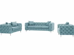 Sofá de 3 plazas, 2 plazas y sillón chéster en terciopelo azul pastel EDWINA < Vente-unique Online