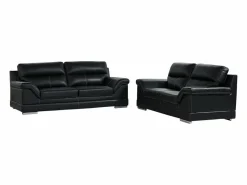 Vente-unique Conjunto Sofás | Sofá de 3 plazas y 2 plazas de piel de búfalo negra MONIKA