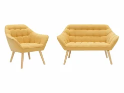 Vente-unique Conjunto Sofá Y Sillón | Sofá de 2 plazas y sillón de tela amarillo CASERTA