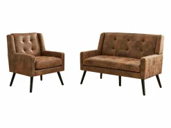 Hauss Spole Conjunto Sofá Y Sillón * Sofá de 2 plazas y sillones en tejido ante color café - Conjunto de 2 con patas de madera Camel