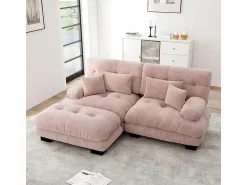 Sofá esquinero Cloud, chenilla, dos plazas, con 2 cojines lumbares y 2 cojines decorativos, reposabrazos anchos y reposapiés, < KOMHTOM New