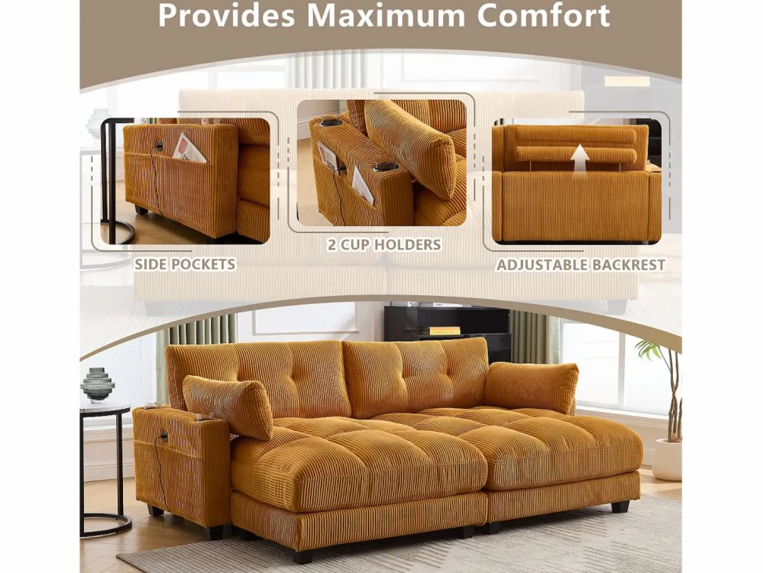 Diván Cama | Sofá Modular de Terciopelo – con USB y Portavasos – Multifuncional para Espacios Pequeños – 112×140×81 cm