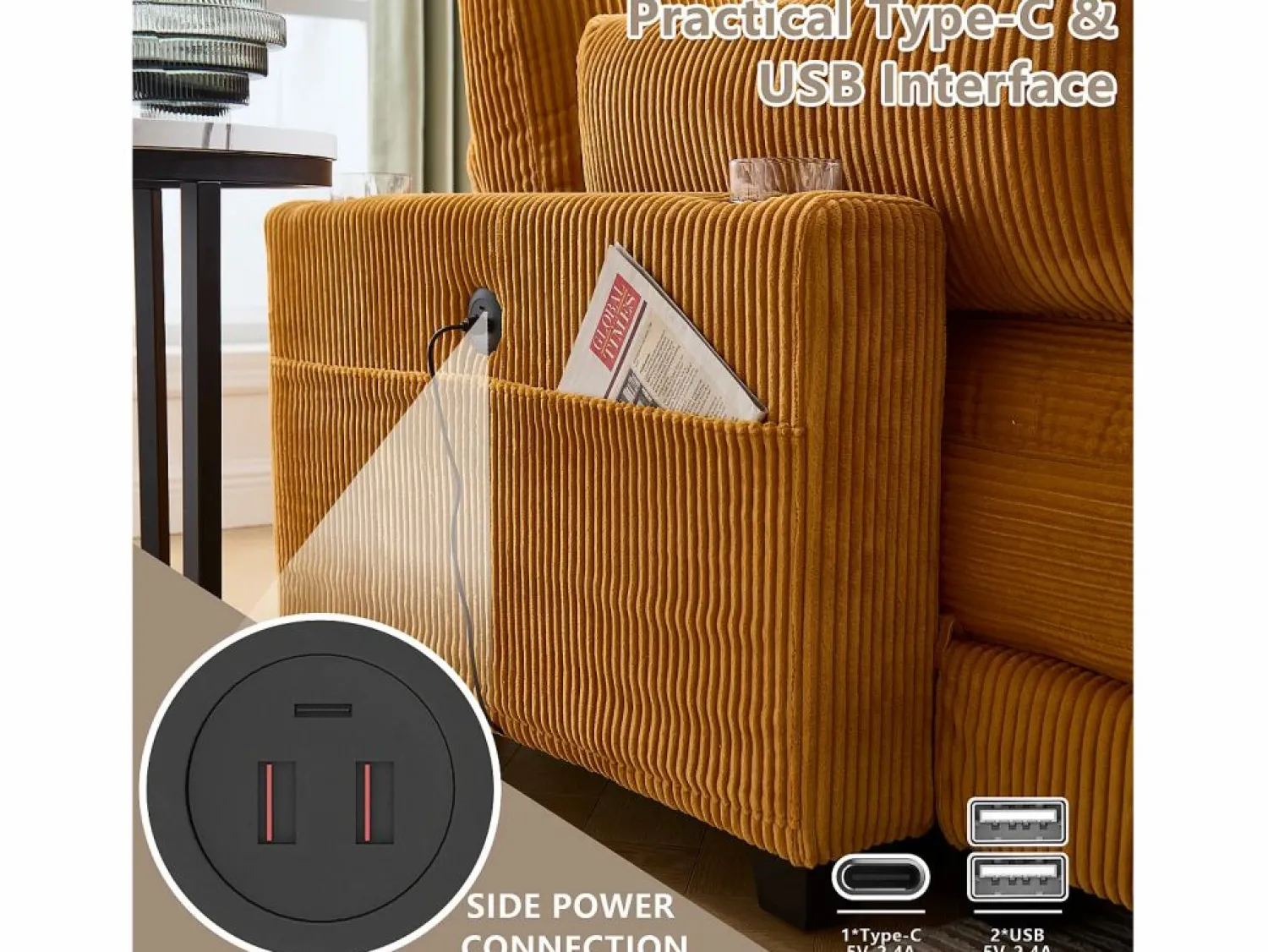 Diván Cama | Sofá Modular de Terciopelo – con USB y Portavasos – Multifuncional para Espacios Pequeños – 112×140×81 cm