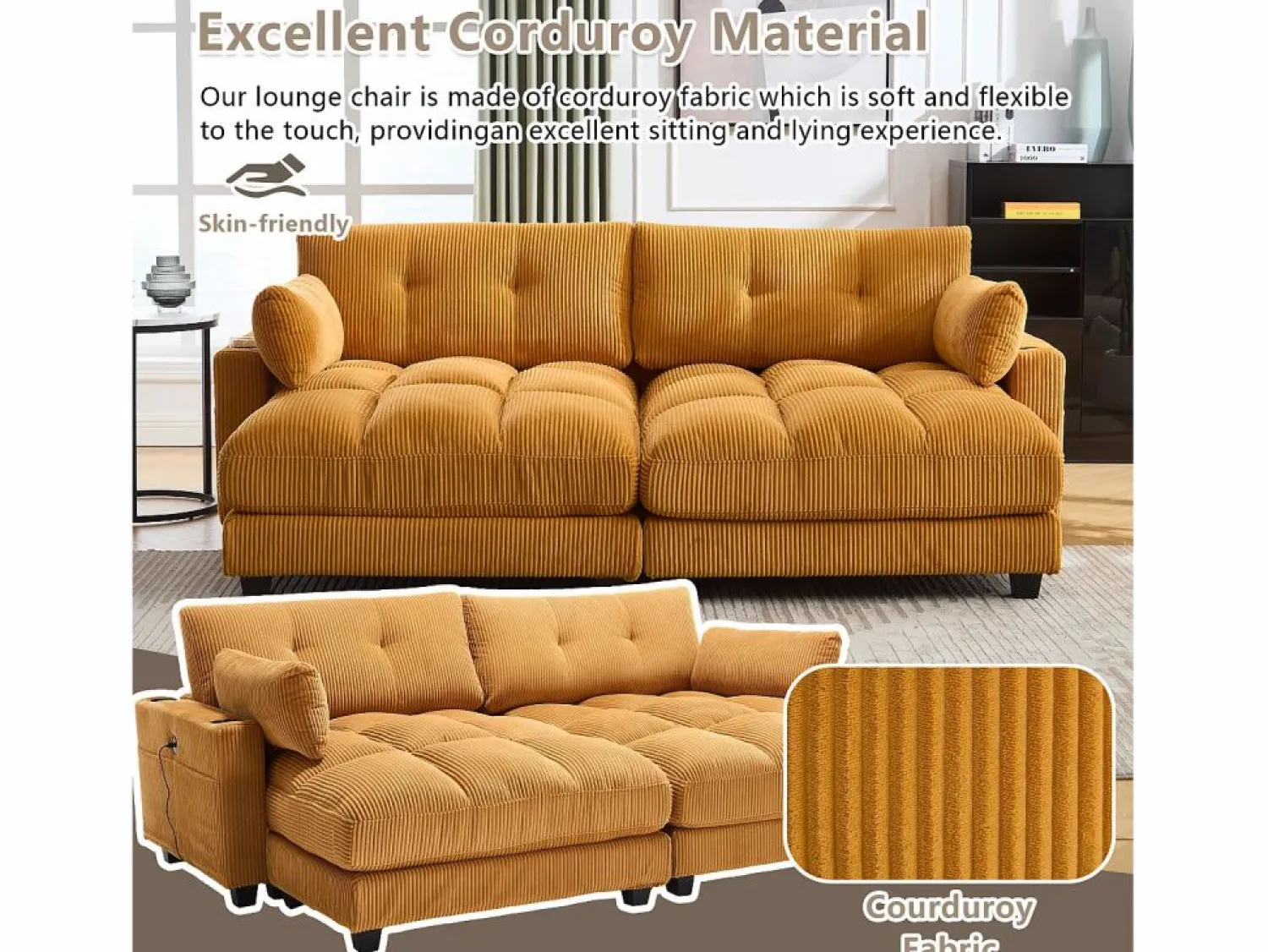 Diván Cama | Sofá Modular de Terciopelo – con USB y Portavasos – Multifuncional para Espacios Pequeños – 112×140×81 cm