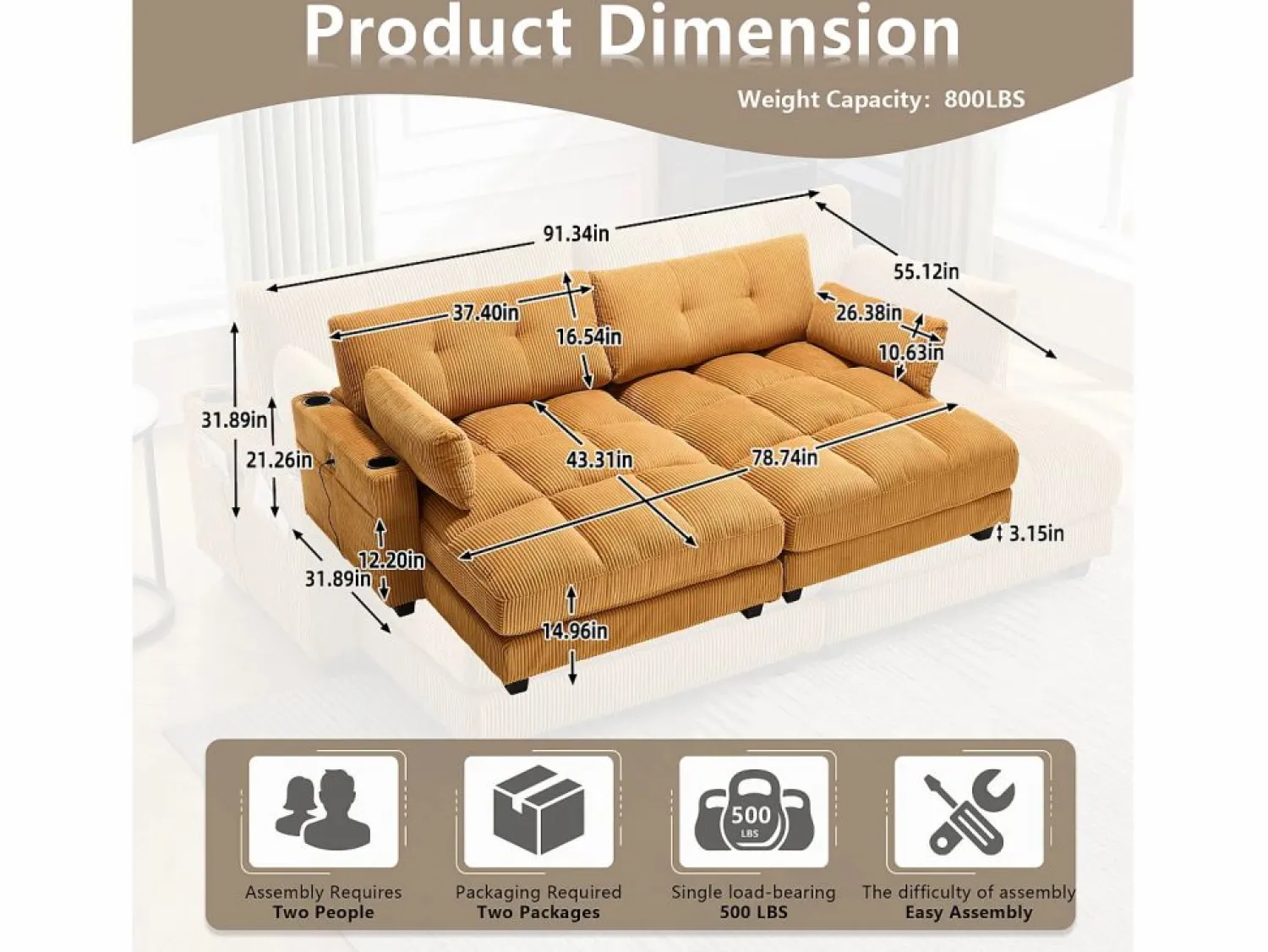 Diván Cama | Sofá Modular de Terciopelo – con USB y Portavasos – Multifuncional para Espacios Pequeños – 112×140×81 cm