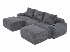 Sofá modular ángulo terciopelo acanalado, portavasos, 2 pufs y 3 cojines, 268x174x80cm, < DripeX Hot