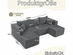 Sofá modular ángulo terciopelo acanalado, 2 pufs, portavasos y cojines, , 230x138x75cm < DripeX