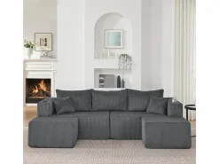 Sofá modular ángulo terciopelo acanalado, 2 pufs, portavasos y cojines, , 230x138x75cm < DripeX