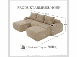 Sofá modular ángulo terciopelo acanalado, portavasos, 2 pufs y 3 cojines, 268x174x80cm, < DripeX Discount