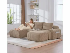 Sofá modular ángulo terciopelo acanalado, portavasos, 2 pufs y 3 cojines, 268x174x80cm, < DripeX Discount