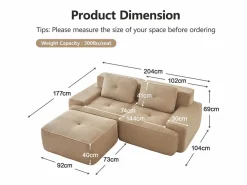 Sofá Modular 2 plazas en Pana, con otomana y 2 cojines, 204x177x69cm, < DripeX Hot