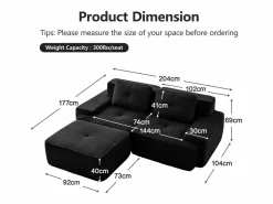 DripeX Sofá Modular|Sofás Club | Sofá Modular 2 plazas en Pana, con otomana y 2 cojines, 204x177x69cm,