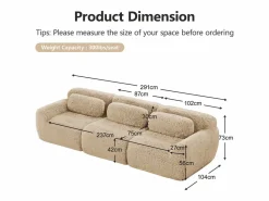 DripeX Sofá Modular|Sofás Club | Sofá Modular 3 plazas en tela peluche, con 3 cojines, sin estructura, 291x104x73cm,