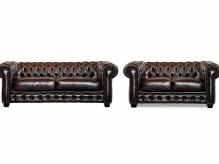Sofá 3+2 plazas chesterfield 100% piel marrón BRENTON < Vente-unique Online