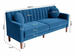 Sofá 3 plazas de terciopelo - patas de madera maciza 19cm - con 2 cojines - 206x74x83cm - < DripeX New