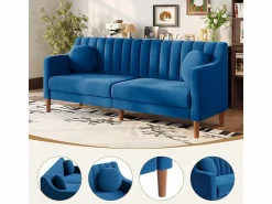 Sofá 3 plazas de terciopelo - patas de madera maciza 19cm - con 2 cojines - 206x74x83cm - < DripeX New