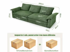 Sofá 3 plazas en pana, con 2 cojines de brazo, desmontables y lavables, 265x86x88cm, < DripeX Discount