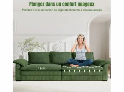 Sofá 3 plazas en pana, con 2 cojines de brazo, desmontables y lavables, 265x86x88cm, < DripeX Discount