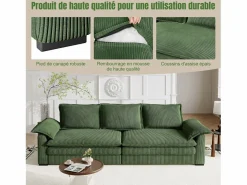 Sofá 3 plazas en pana, con 2 cojines de brazo, desmontables y lavables, 265x86x88cm, < DripeX Discount