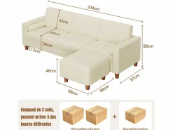 DripeX Sofá - 3 Plazas|Sofás De Piel Sintética | Sofá 3 plazas en skai, con otomana y 2 cojines redondos, estructura de madera, 234x155x88cm,