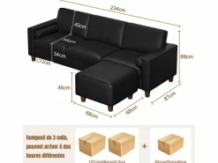 Sofá 3 plazas en skai, con otomana y 2 cojines redondos, estructura de madera, 234x155x88cm, < DripeX New