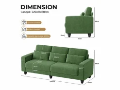 Sofá 3 plazas en tejido chenille - con 3 cojines - funda desmontable lavable - 220x81x88cm < DripeX Sale