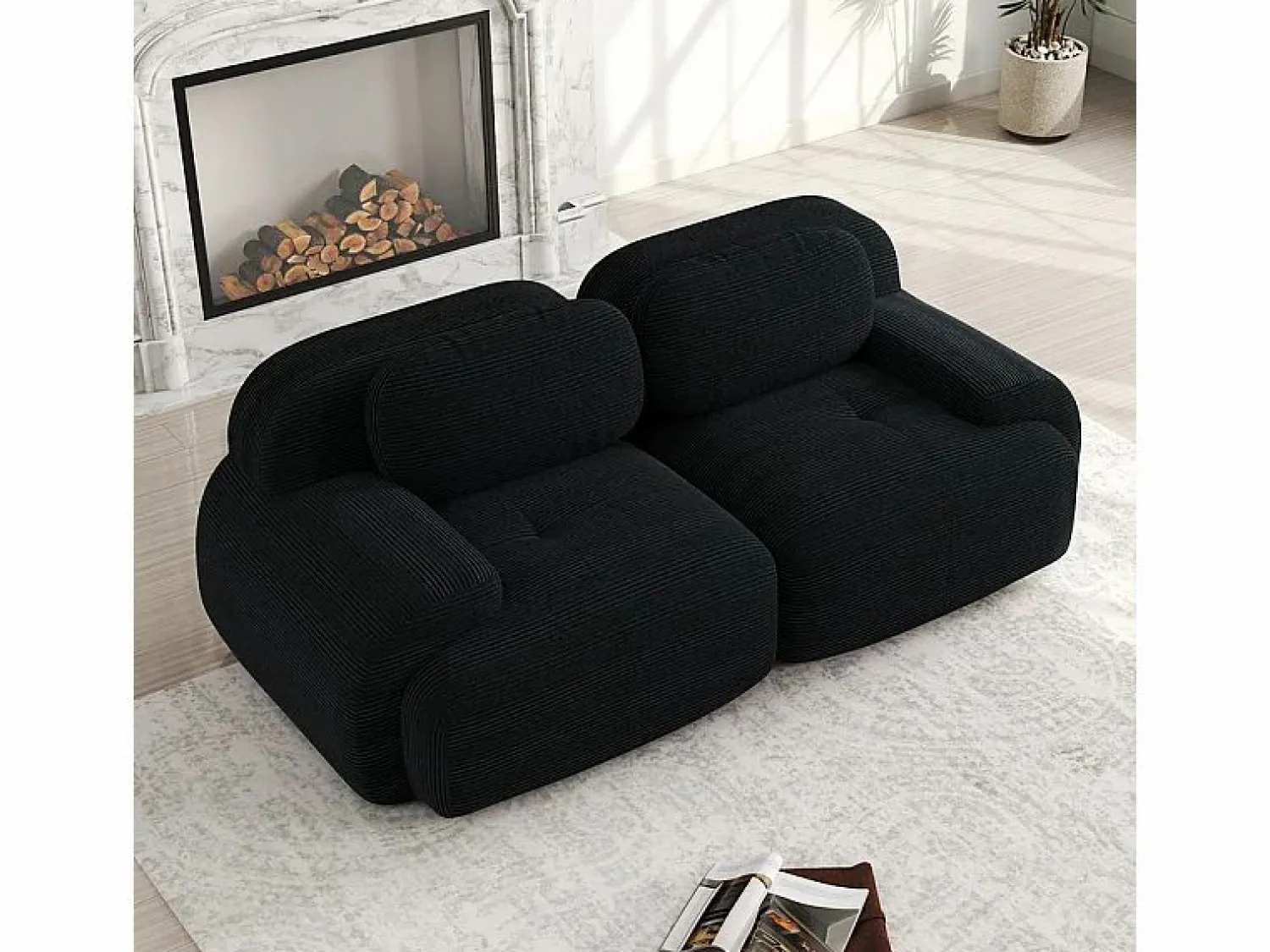 DripeX Sofá Modular|Sofás Club * Sofá 2 Plazas Modular de Pana Acanalada - con 2 Cojines - 208x103x75cm - Negro