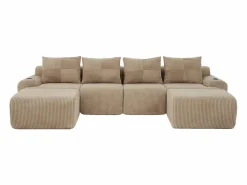 Sofá 4 plazas ángulo modular terciopelo acanalado, 2 pufs y 4 cojines, 333x174x80cm, < DripeX Outlet