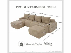 Sofá 4 plazas ángulo modular terciopelo acanalado, 2 pufs y 4 cojines, 333x174x80cm, < DripeX Outlet
