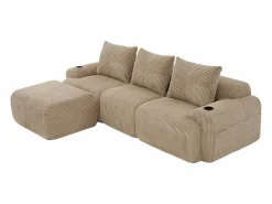 DripeX Sofás Club * Sofá 3 plazas ángulo modular terciopelo acanalado, puf, portavasos y bolsillo, 268x174x80cm, Caqui