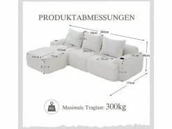 Sofá 3 plazas ángulo modular terciopelo acanalado, puf, portavasos y bolsillo, 268x174x80cm, < DripeX Online