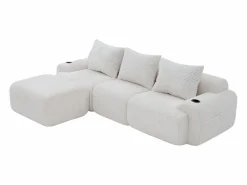 Sofá 3 plazas ángulo modular terciopelo acanalado, puf, portavasos y bolsillo, 268x174x80cm, < DripeX Online