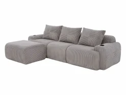 Sofá 3 plazas ángulo modular terciopelo acanalado, puf, portavasos y bolsillo, 268x174x80cm, < DripeX Discount