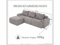 Sofá 3 plazas ángulo modular terciopelo acanalado, puf, portavasos y bolsillo, 268x174x80cm, < DripeX Discount