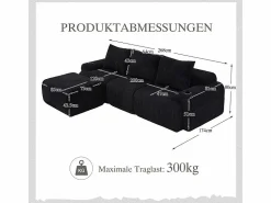 DripeX Sofá Modular|Sofás Club * Sofá 3 plazas ángulo modular terciopelo acanalado, puf, portavasos y bolsillo, 268x174x80cm, Negro