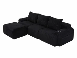 DripeX Sofá Modular|Sofás Club * Sofá 3 plazas ángulo modular terciopelo acanalado, puf, portavasos y bolsillo, 268x174x80cm, Negro