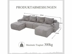 DripeX Sofá Modular|Sofás Club | Sofá 4 plazas ángulo modular terciopelo acanalado, 2 pufs y 4 cojines, 333x174x80cm,