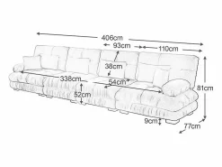 Sofá 4 plazas tejido felpa - con 6 cojines - estructura madera maciza - 406x77x81cm < DripeX Outlet
