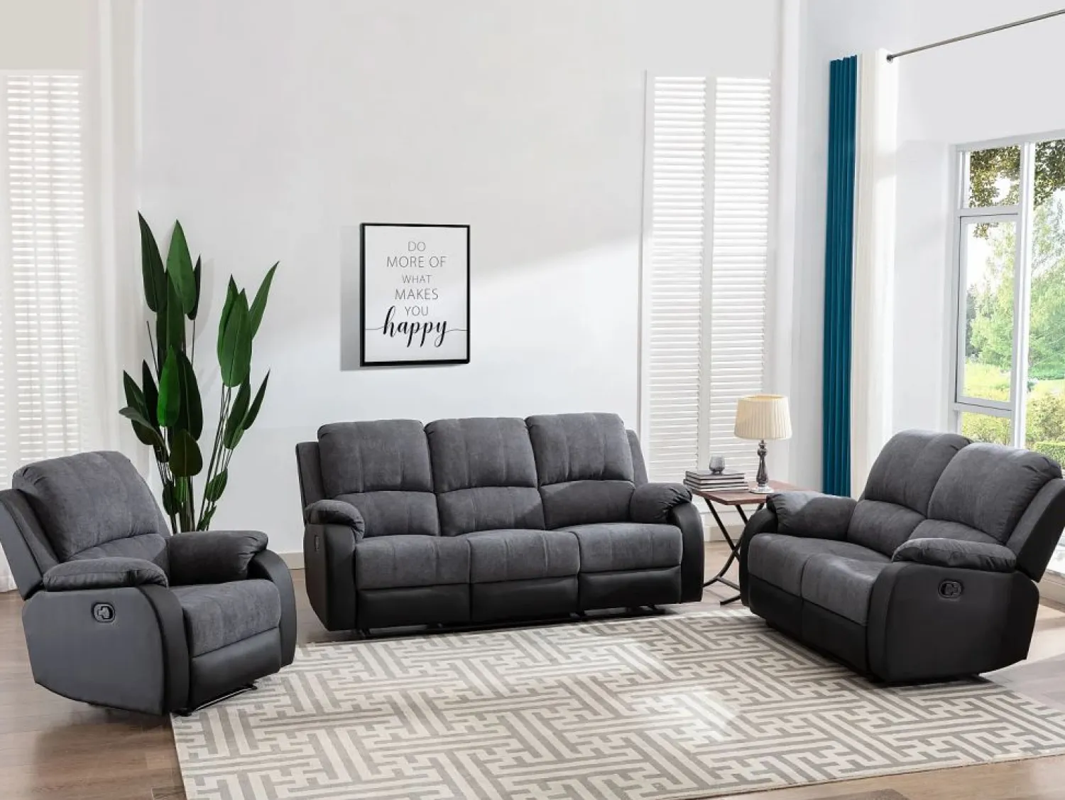 Vente-unique Conjunto Sofás | Sofá 3+2 relax de microfibra y piel sintética gris y negro BRODY