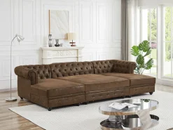 Vente-unique Todos Los Sofás|Sofás Y Sillones | Sofá rinconera panorámico y puf de microfibra aspecto cuero envejecido CHESTERFIELD