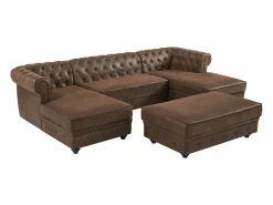 Vente-unique Todos Los Sofás|Sofás Y Sillones | Sofá rinconera panorámico y puf de microfibra aspecto cuero envejecido CHESTERFIELD