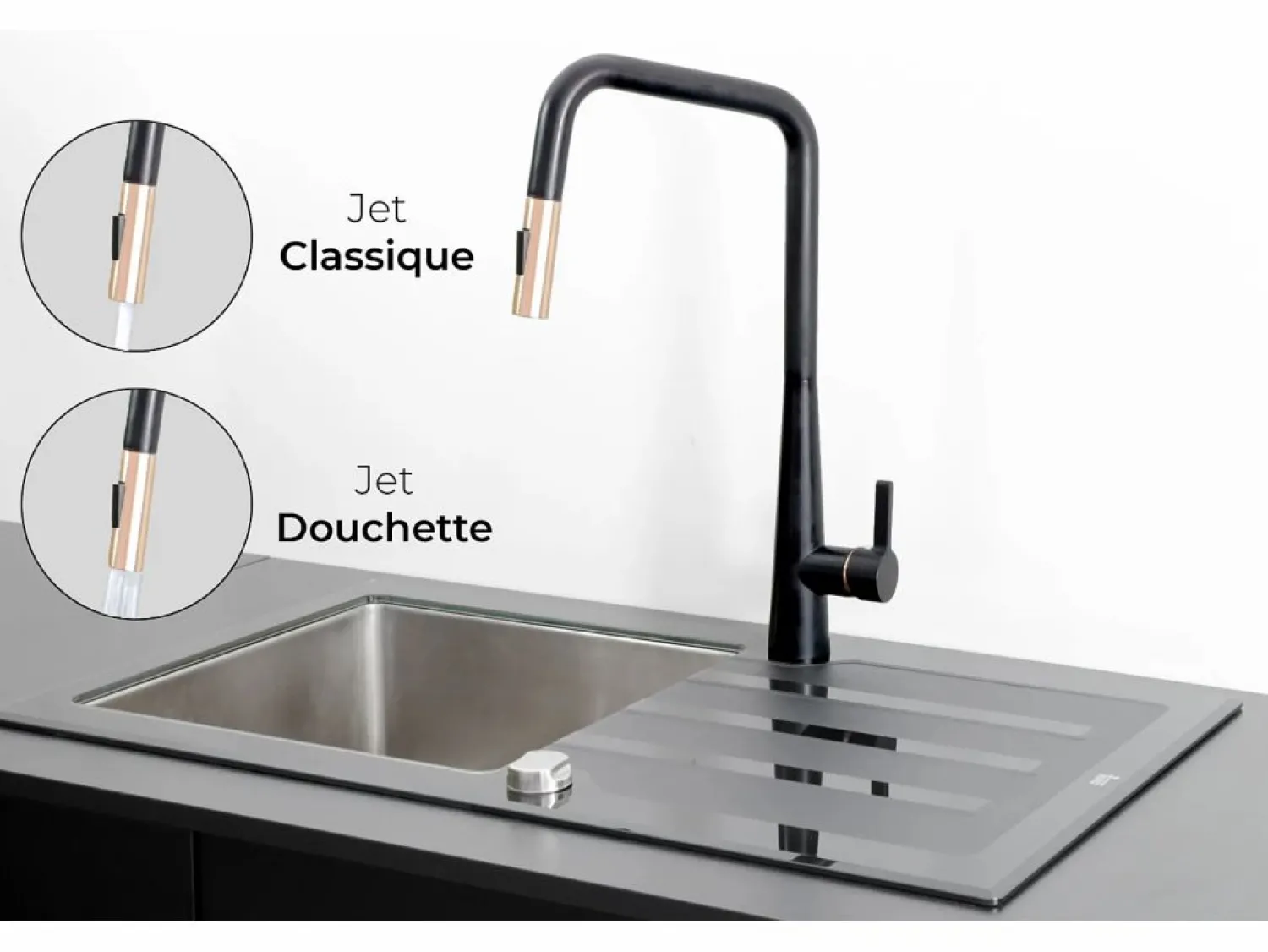 Style Grifo mezclador de fregadero con ducha extraíble mate y oro rosa < Essebagno Online