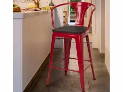 AHD Taburete Alto * taburete de metal y madera con respaldo de diseño industrial estilo steel wood back - Rojo